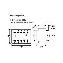 Slika za TRAFO PRINT HAHN 220V 2,6VA 1x9V