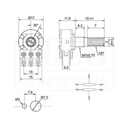 Slika za POTENCIOMETAR 16/6 KABL STEREO LOG 220K