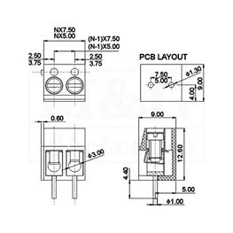 Slika za REDNA KLEMA PCB 2 POL VERTIKALNA Raster 5mm 2,5mm2